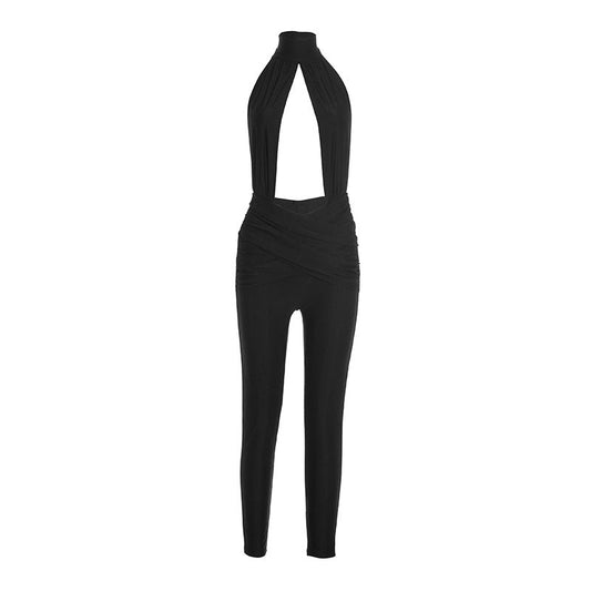 Halter hollow out ruched backless jumpsuit  | Festival Outfits Women