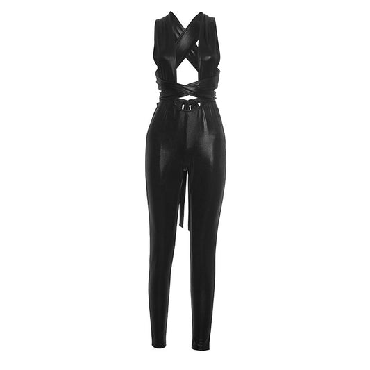 Cross back self tie backless solid jumpsuit  | Festival Outfits Women
