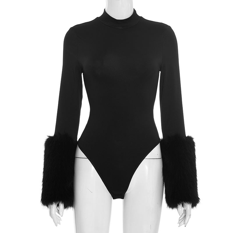 Long sleeve fluffy crewneck button bodysuit  | Festival Outfits Women
