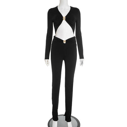 Long sleeve v neck ruched solid crop pant set  | Festival Outfits Women
