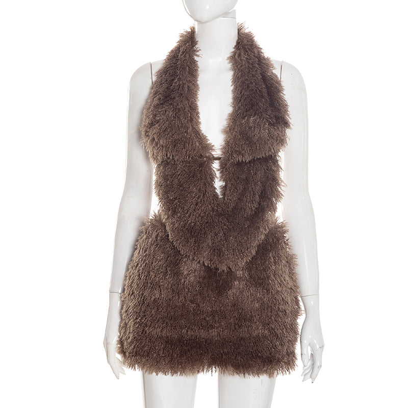 Fluffy halter self tie backless v neck mini skirt set  | Festival Outfits Women