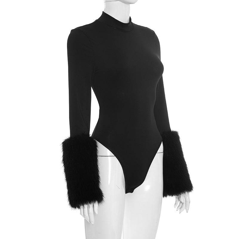 Long sleeve fluffy crewneck button bodysuit  | Festival Outfits Women