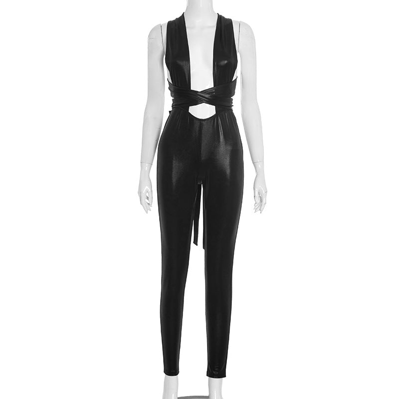 Cross back self tie backless solid jumpsuit  | Festival Outfits Women