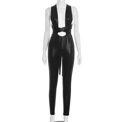 Cross back self tie backless solid jumpsuit  | Festival Outfits Women