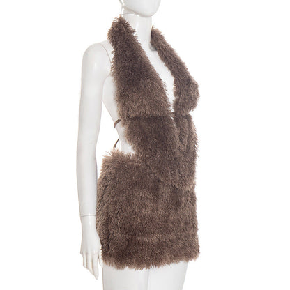 Fluffy halter self tie backless v neck mini skirt set  | Festival Outfits Women