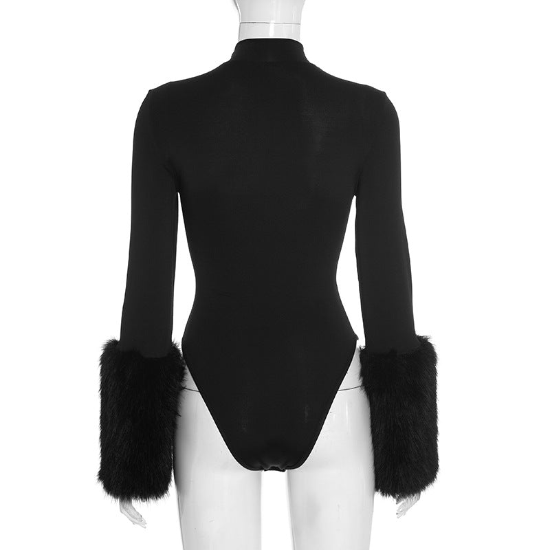 Long sleeve fluffy crewneck button bodysuit  | Festival Outfits Women