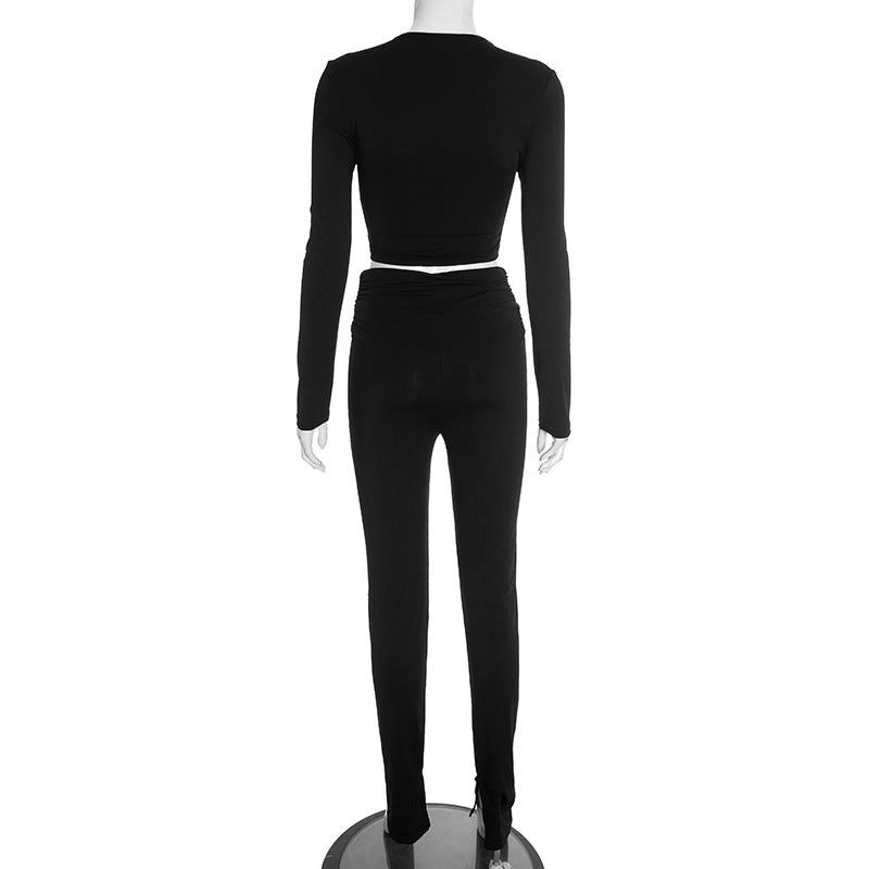 Long sleeve v neck ruched solid crop pant set  | Festival Outfits Women