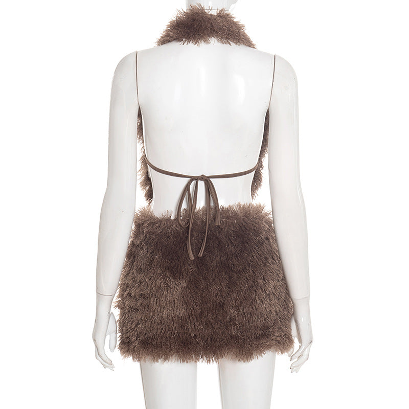 Fluffy halter self tie backless v neck mini skirt set  | Festival Outfits Women