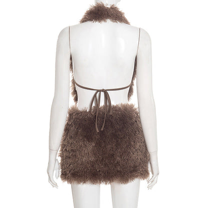 Fluffy halter self tie backless v neck mini skirt set  | Festival Outfits Women