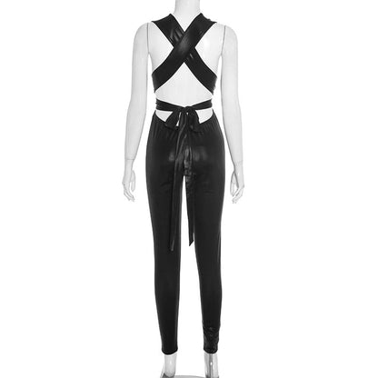 Cross back self tie backless solid jumpsuit  | Festival Outfits Women