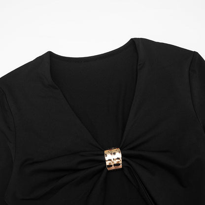 Long sleeve v neck ruched solid crop pant set  | Festival Outfits Women