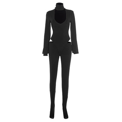 Long sleeve high neck hollow out button pant set  | Festival Outfits Women