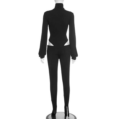 Long sleeve high neck hollow out button pant set  | Festival Outfits Women