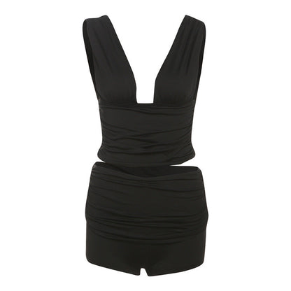 V neck ruched solid short pant set  | Festival Outfits Women