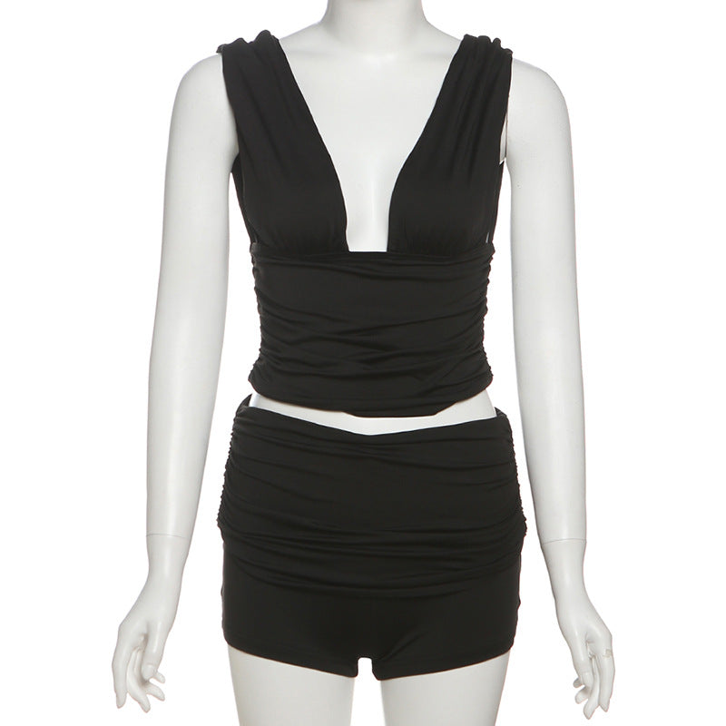 V neck ruched solid short pant set  | Festival Outfits Women