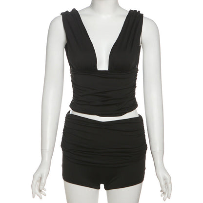 V neck ruched solid short pant set  | Festival Outfits Women