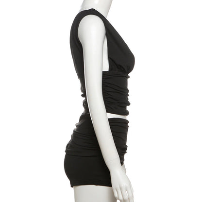 V neck ruched solid short pant set  | Festival Outfits Women