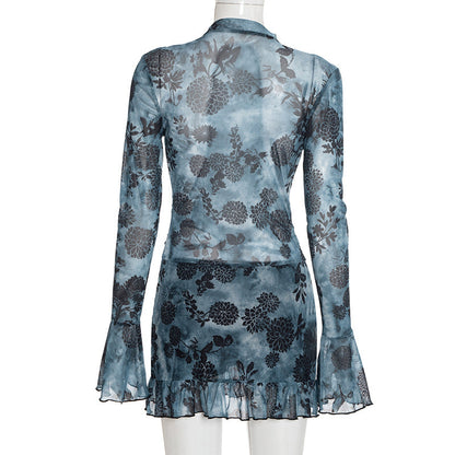 V neck long flared sleeve mesh flower print mini dress  | Festival Outfits Women