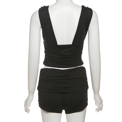 V neck ruched solid short pant set  | Festival Outfits Women