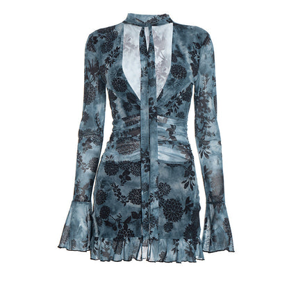 V neck long flared sleeve mesh flower print mini dress  | Festival Outfits Women