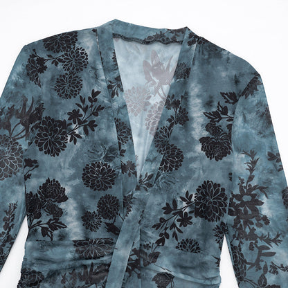 V neck long flared sleeve mesh flower print mini dress  | Festival Outfits Women