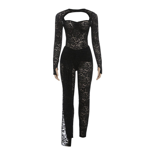Long sleeve ruched hollow out lace pant set  | Festival Outfits Women