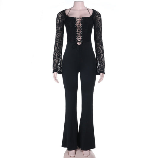 Long sleeve halter lace up lace jumpsuit  | Festival Outfits Women