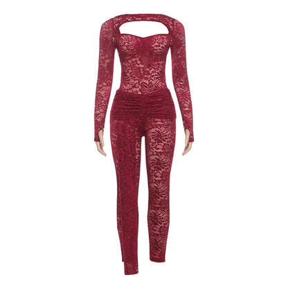 Long sleeve ruched hollow out lace pant set  | Festival Outfits Women