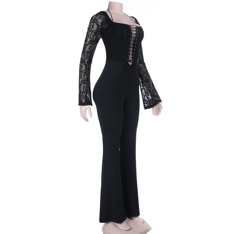 Long sleeve halter lace up lace jumpsuit  | Festival Outfits Women
