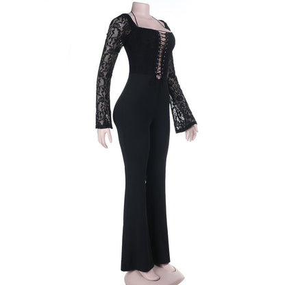 Long sleeve halter lace up lace jumpsuit  | Festival Outfits Women