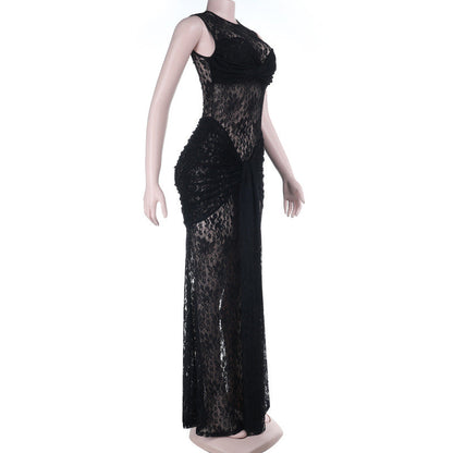 Crewneck sleeveless ruched lace maxi dress  | Festival Outfits Women