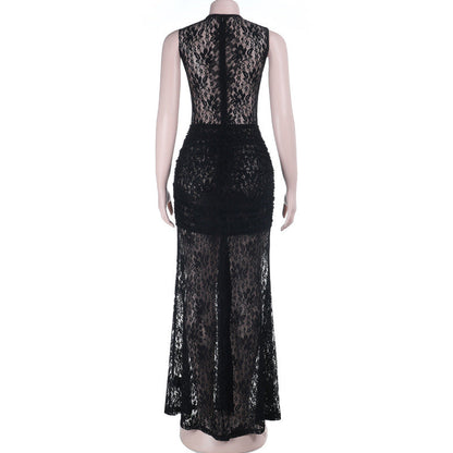 Crewneck sleeveless ruched lace maxi dress  | Festival Outfits Women