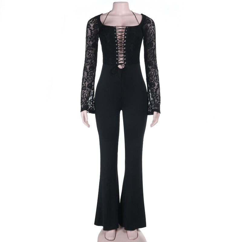 Long sleeve halter lace up lace jumpsuit  | Festival Outfits Women