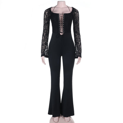 Long sleeve halter lace up lace jumpsuit  | Festival Outfits Women