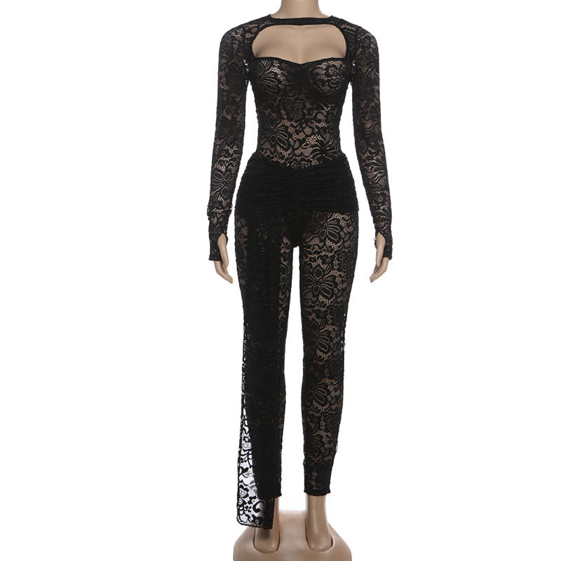 Long sleeve ruched hollow out lace pant set  | Festival Outfits Women