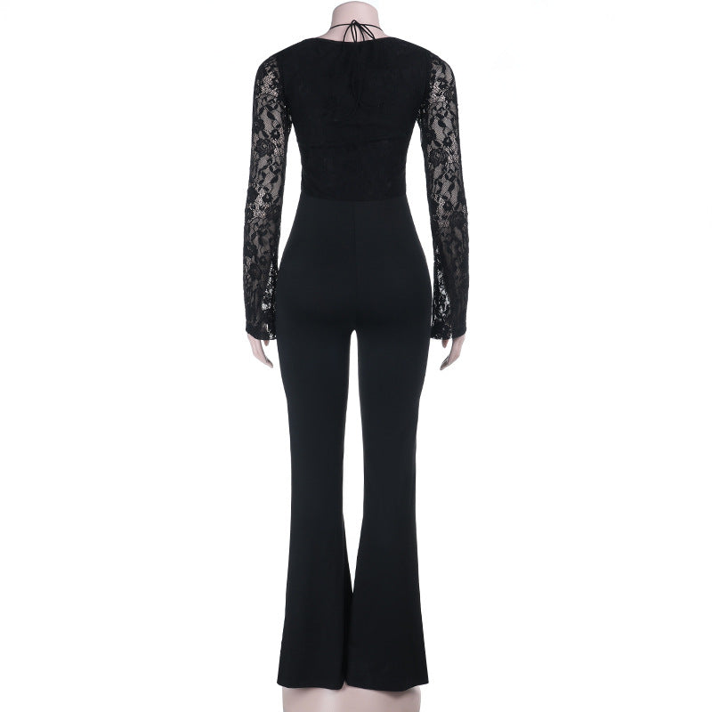 Long sleeve halter lace up lace jumpsuit  | Festival Outfits Women
