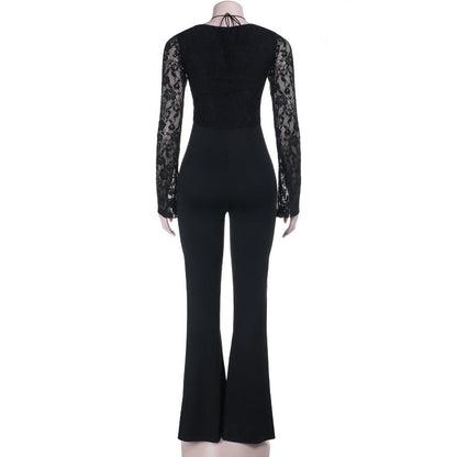 Long sleeve halter lace up lace jumpsuit  | Festival Outfits Women