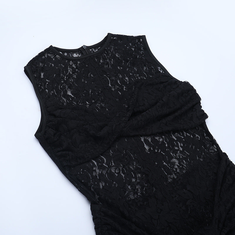Crewneck sleeveless ruched lace maxi dress  | Festival Outfits Women
