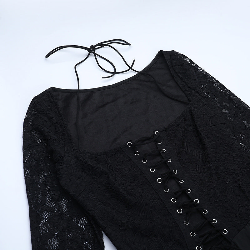 Long sleeve halter lace up lace jumpsuit  | Festival Outfits Women