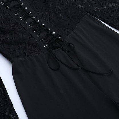 Long sleeve halter lace up lace jumpsuit  | Festival Outfits Women