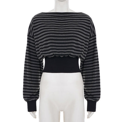 Long sleeve striped print crewneck top  | Festival Outfits Women