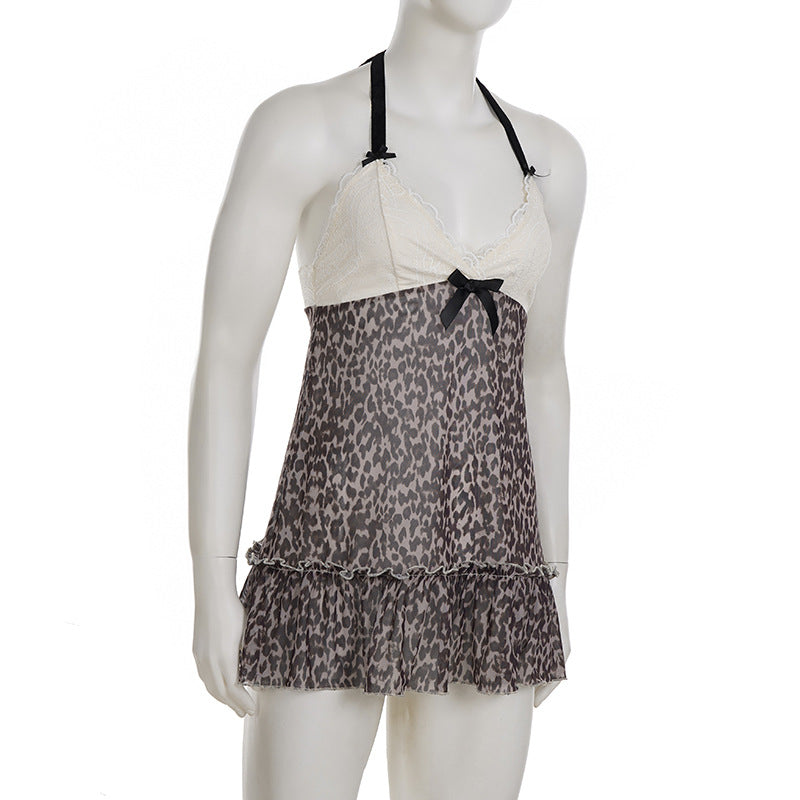 Halter v neck bowknot leopard print mesh mini dress  | Festival Outfits Women  | Leopard Print Mini Dress