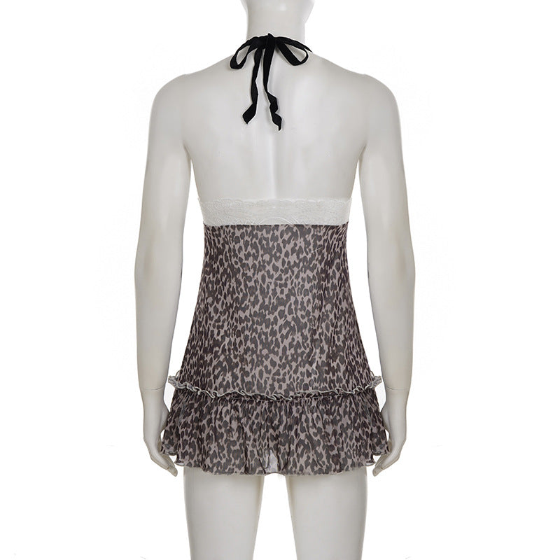 Halter v neck bowknot leopard print mesh mini dress  | Festival Outfits Women  | Leopard Print Mini Dress