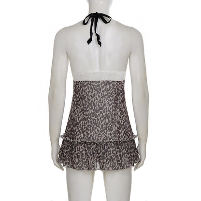 Halter v neck bowknot leopard print mesh mini dress  | Festival Outfits Women  | Leopard Print Mini Dress