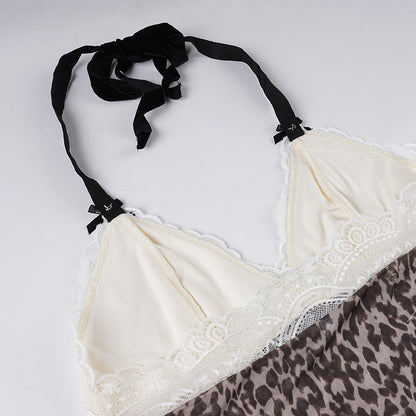Halter v neck bowknot leopard print mesh mini dress  | Festival Outfits Women  | Leopard Print Mini Dress