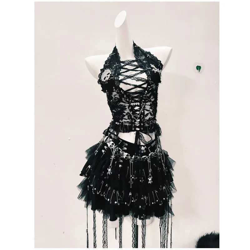 Halter skull beaded lace up lace mesh backless top  | Festival Outfits Women