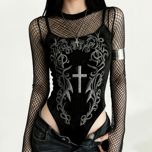 Long sleeve fishnet velvet embroidery bodysuit | Festival Outfits Women