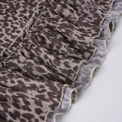 Halter v neck bowknot leopard print mesh mini dress  | Festival Outfits Women  | Leopard Print Mini Dress