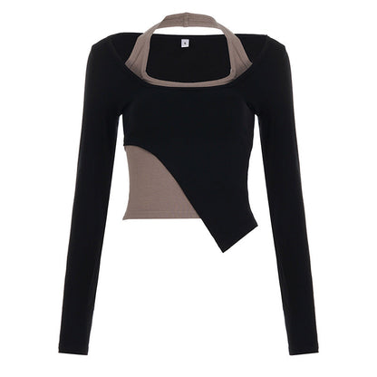 Long sleeve halter u neck patchwork top  | Festival Outfits Women