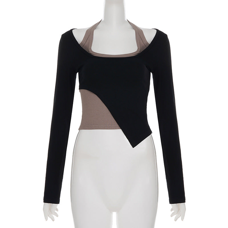 Long sleeve halter u neck patchwork top  | Festival Outfits Women